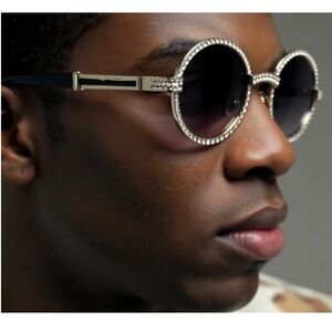 Sunglasses Round Frame Wood Arm Silver Frame Metal Fashion Shades Black Lens New